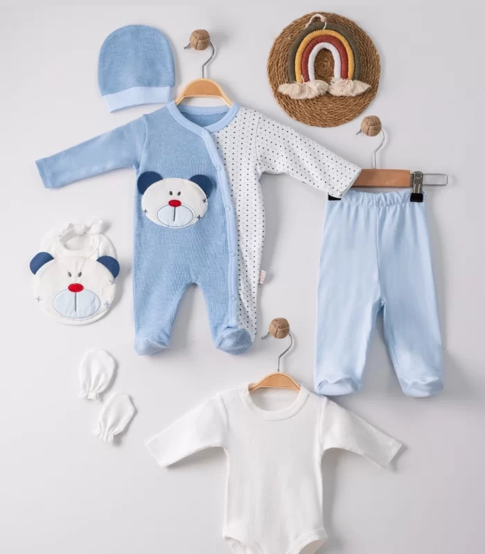 3 Ay Ayıcık Nakış Tulumlu Erkek Bebek 5li Set Mavi