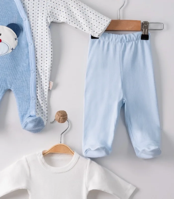 3 Ay Ayıcık Nakış Tulumlu Erkek Bebek 5li Set Mavi