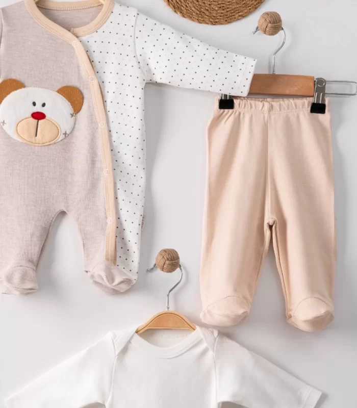 3 Ay Ayıcık Nakışlı Tulumlu Erkek Bebek 5li Set Kahverengi