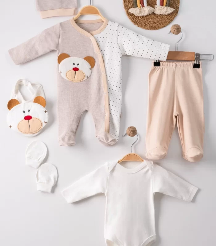 3 Ay Ayıcık Nakışlı Tulumlu Erkek Bebek 5li Set Kahverengi