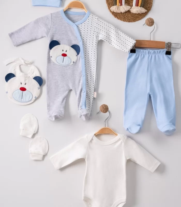 3 Ay Ayıcıklı Tulumlu Erkek Bebek 5li Set Mavi