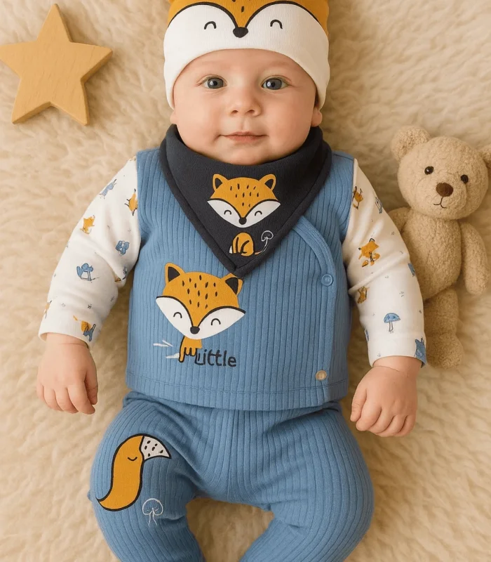 3 Ay Bebek Hastane Çıkışı Little Fox Nakışlı 5li Erkek Mavi