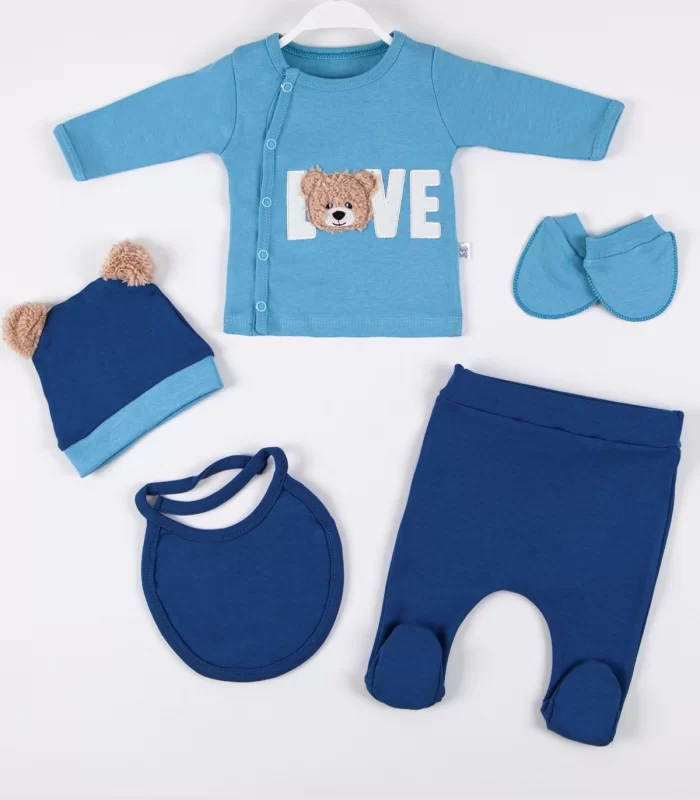 3 Ay Bebek Hastane Çıkışı Love Bear Nakışlı 5li Erkek Mavi