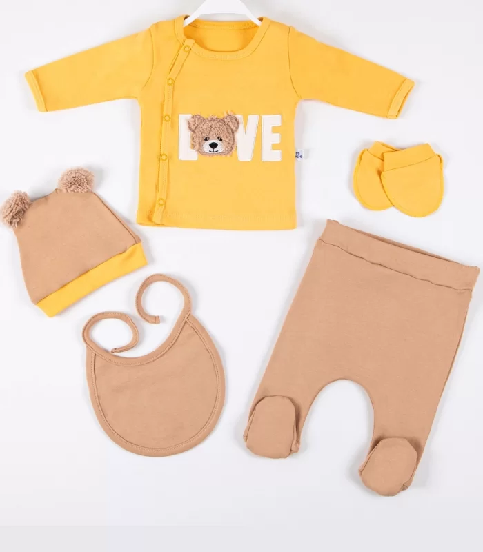 3 Ay Bebek Hastane Çıkışı Love Bear Nakışlı 5li Erkek Sarı