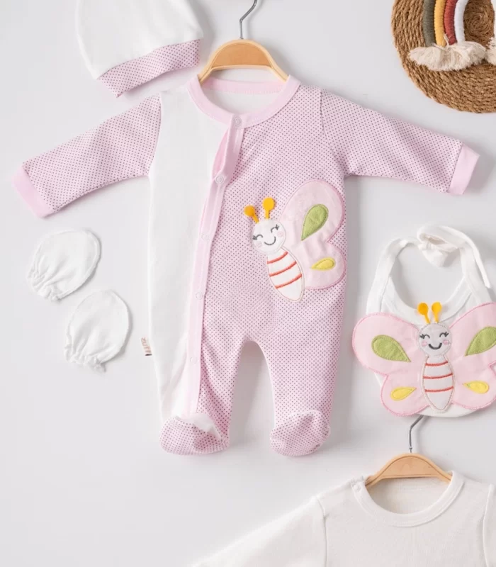 3 Ay Kelebek Nakış Puanlı Tulumlu Kız Bebek 5li Set Pembe