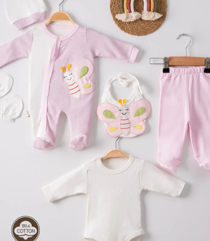 3 Ay Kelebek Nakış Puanlı Tulumlu Kız Bebek 5li Set Pembe