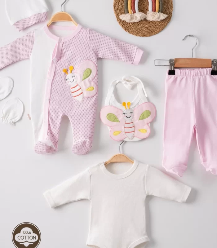 3 Ay Kelebek Nakış Puanlı Tulumlu Kız Bebek 5li Set Pembe