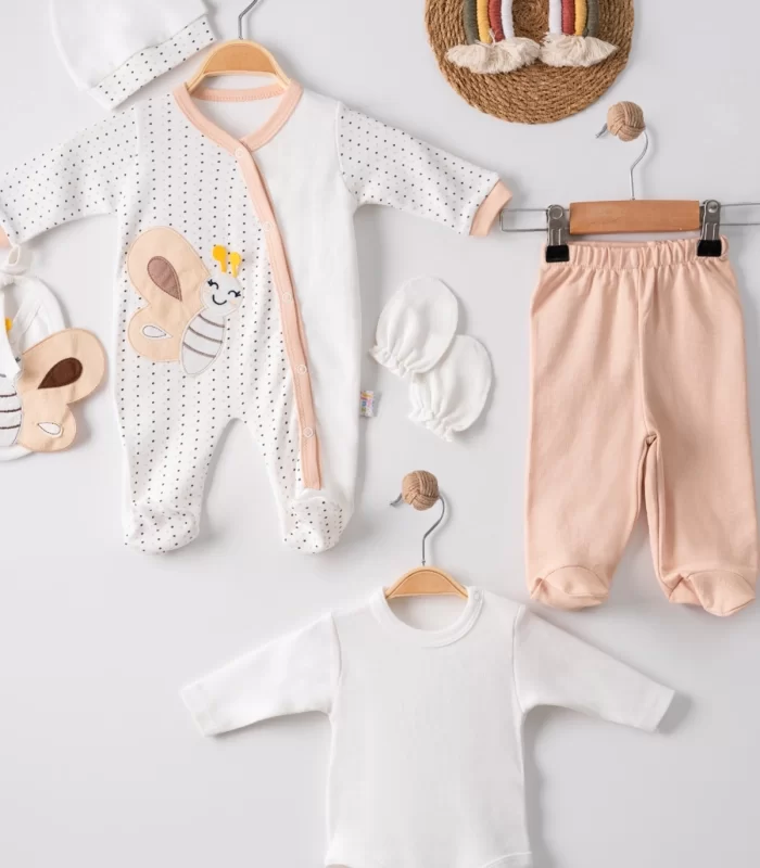 3 Ay Kelebek Nakış Tulumlu Erkek Bebek 5li Set Kahverengi