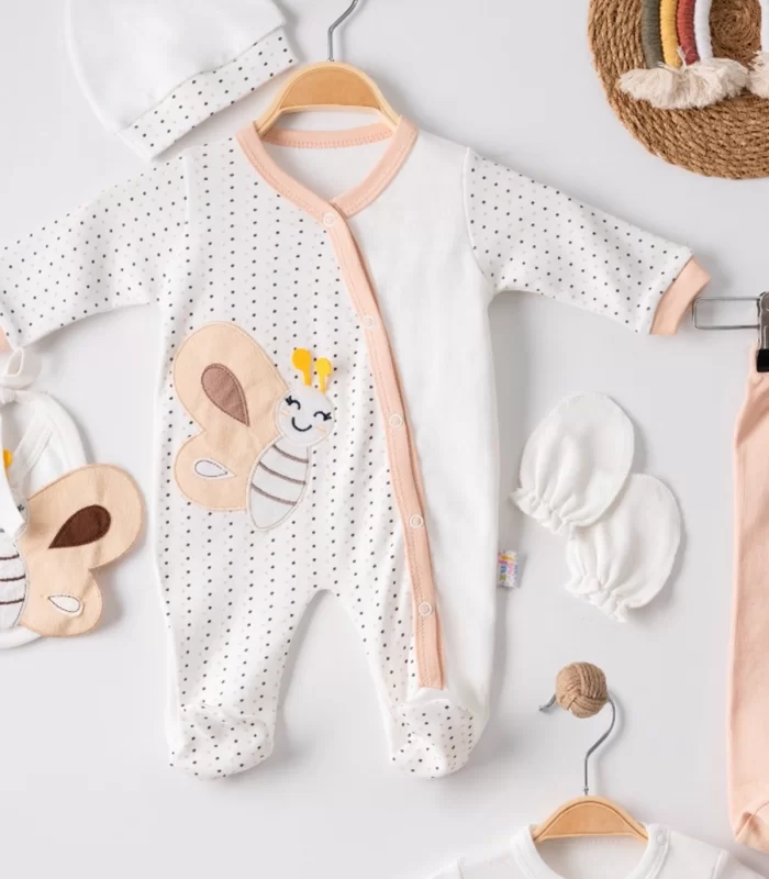 3 Ay Kelebek Nakış Tulumlu Erkek Bebek 5li Set Kahverengi