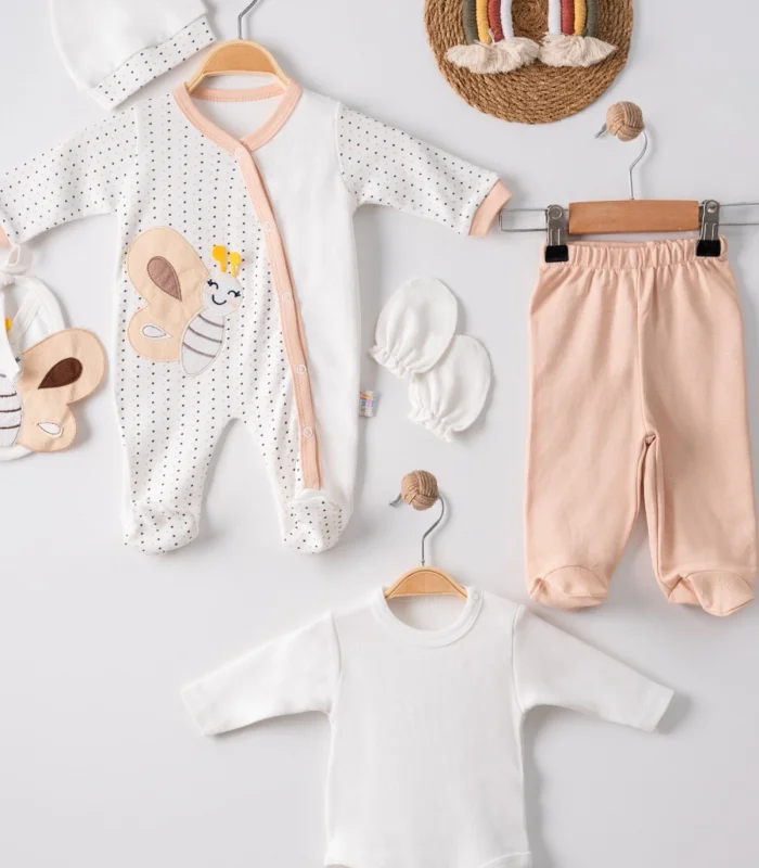 3 Ay Kelebek Nakış Tulumlu Erkek Bebek 5li Set Kahverengi