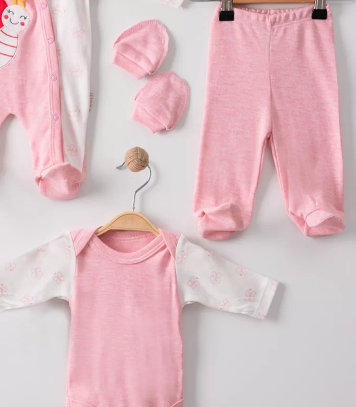 3 Ay Kelebek Nakış Tulumlu Kız Bebek 5li Set Pembe