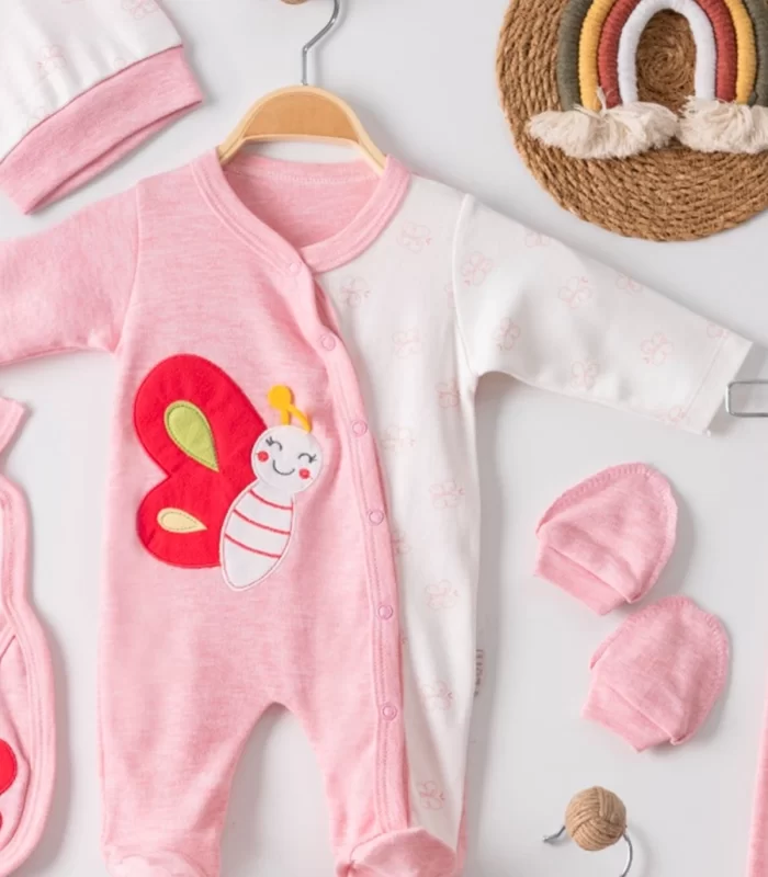 3 Ay Kelebek Nakış Tulumlu Kız Bebek 5li Set Pembe