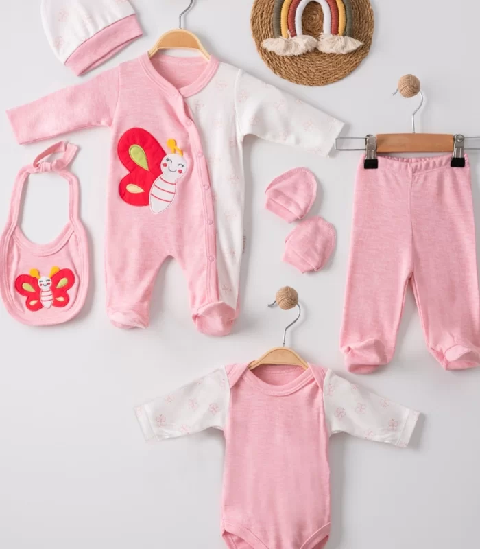 3 Ay Kelebek Nakış Tulumlu Kız Bebek 5li Set Pembe