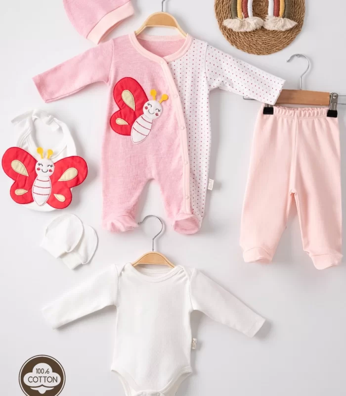 3 Ay Kelebek Nakışlı Puanlı Tulumlu Kız Bebek 5li Set Pembe