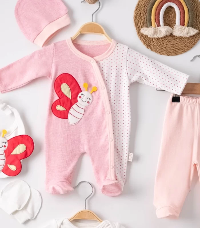 3 Ay Kelebek Nakışlı Puanlı Tulumlu Kız Bebek 5li Set Pembe