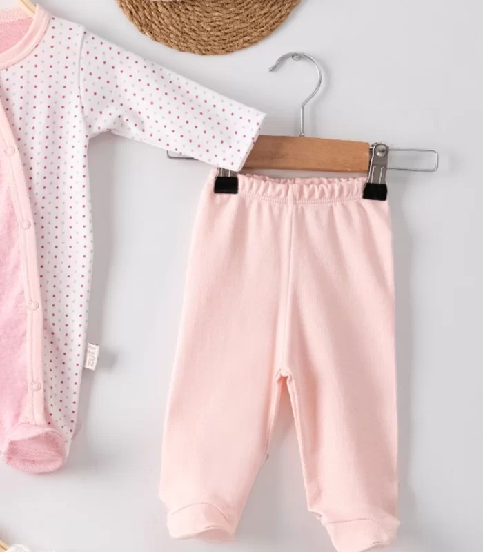 3 Ay Kelebek Nakışlı Puanlı Tulumlu Kız Bebek 5li Set Pembe