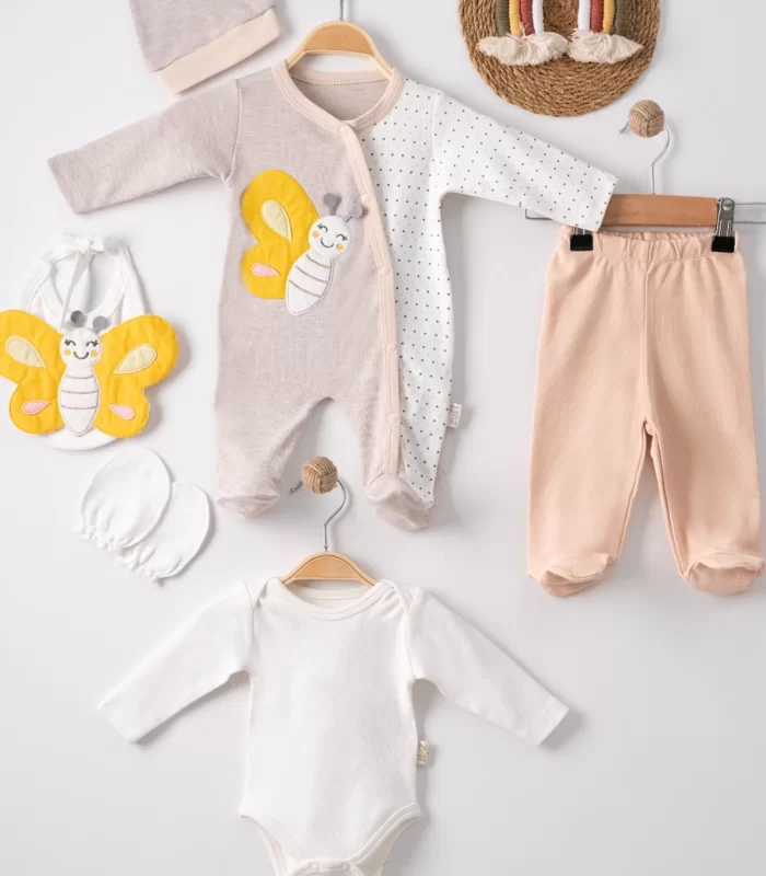 3 Ay Kelebek Nakışlı Tulum Erkek Bebek 5li Set Kahverengi