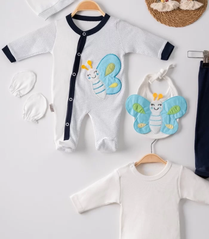3 Ay Kelebek Nakışlı Tulumlu Erkek Bebek 5li Set Siyah