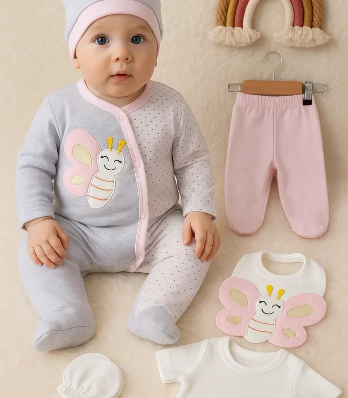 3 Ay Kelebek Nakışlı Tulumlu Kız Bebek 5li Set Gri