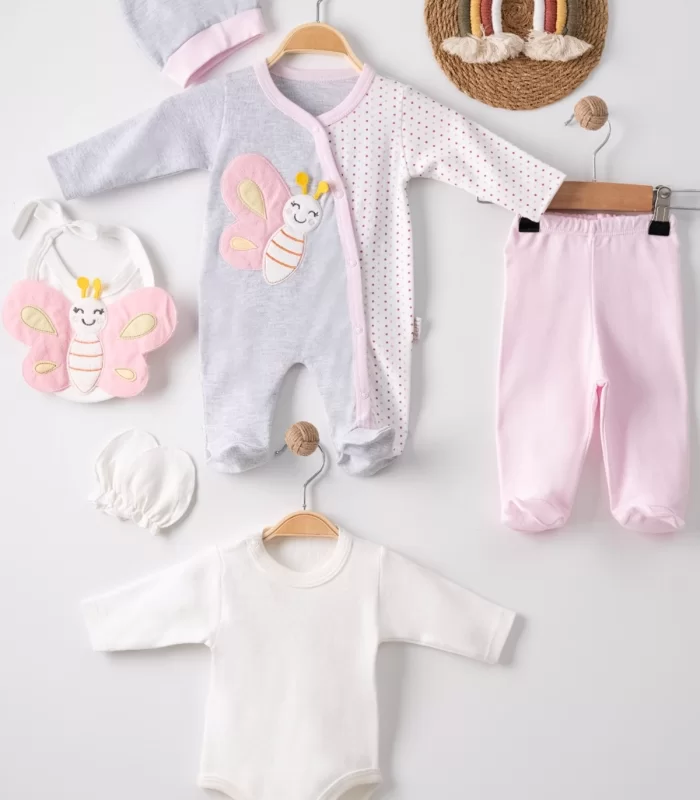 3 Ay Kelebek Nakışlı Tulumlu Kız Bebek 5li Set Gri