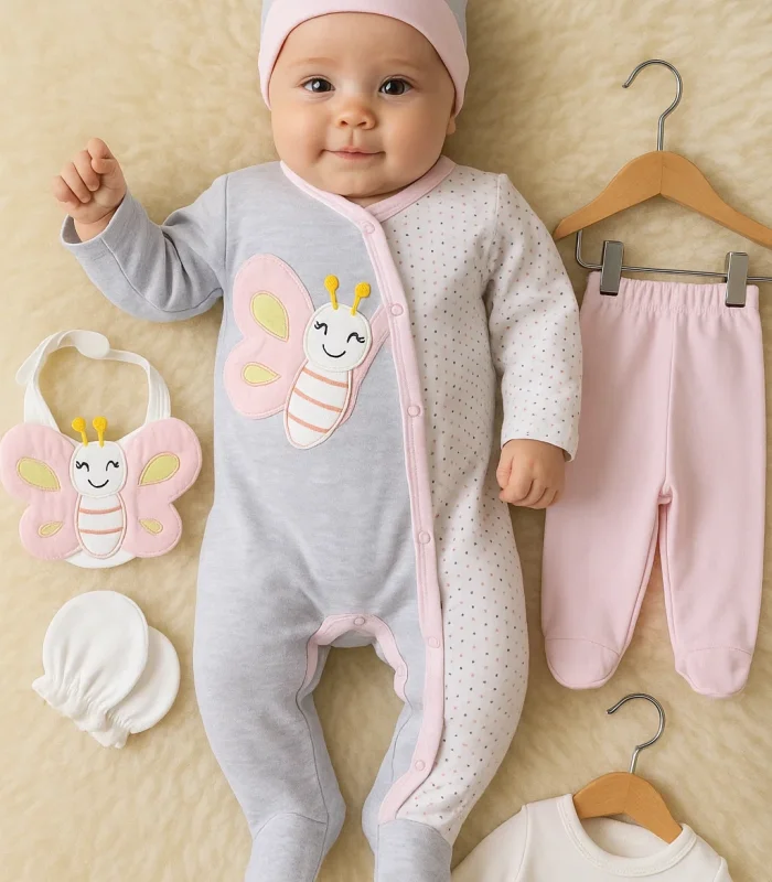 3 Ay Kelebek Nakışlı Tulumlu Kız Bebek 5li Set Gri