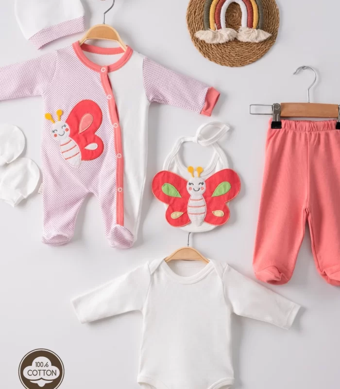 3 Ay Kelebek Puanlı Tulumlu Kız Bebek 5li Set Nar Çiçeği