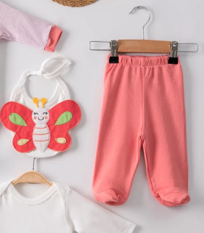 3 Ay Kelebek Puanlı Tulumlu Kız Bebek 5li Set Nar Çiçeği