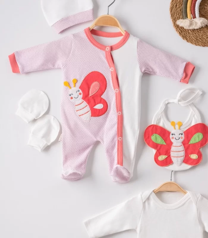 3 Ay Kelebek Puanlı Tulumlu Kız Bebek 5li Set Nar Çiçeği