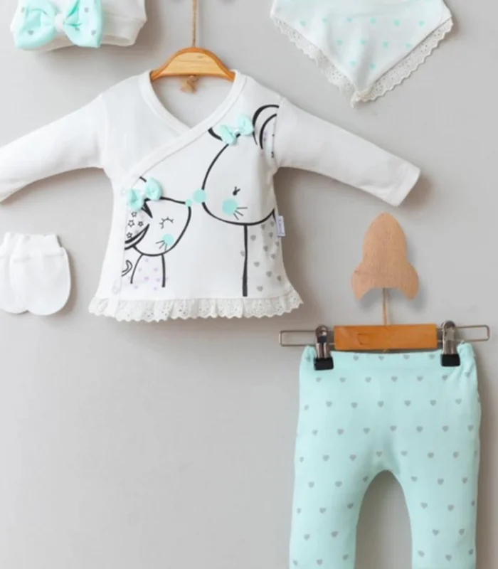 3 Ay Kız Bebek Little Mause 5li Hastane Çıkış Seti Yeşil