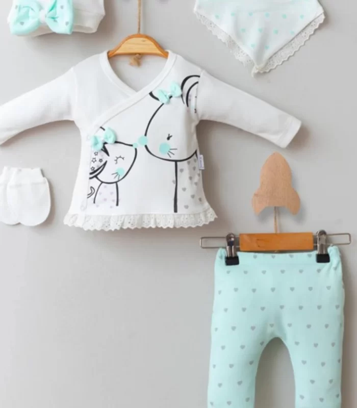 3 Ay Kız Bebek Little Mause 5li Hastane Çıkış Seti Yeşil