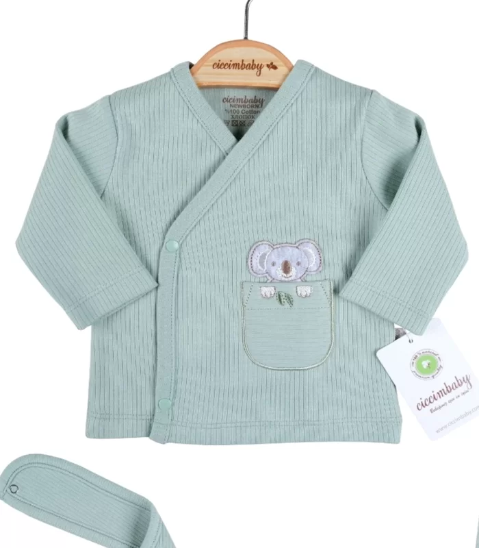 3 Ay Koala Nakışlı Çizgili 5li Hastane Çıkış Seti Yeşil