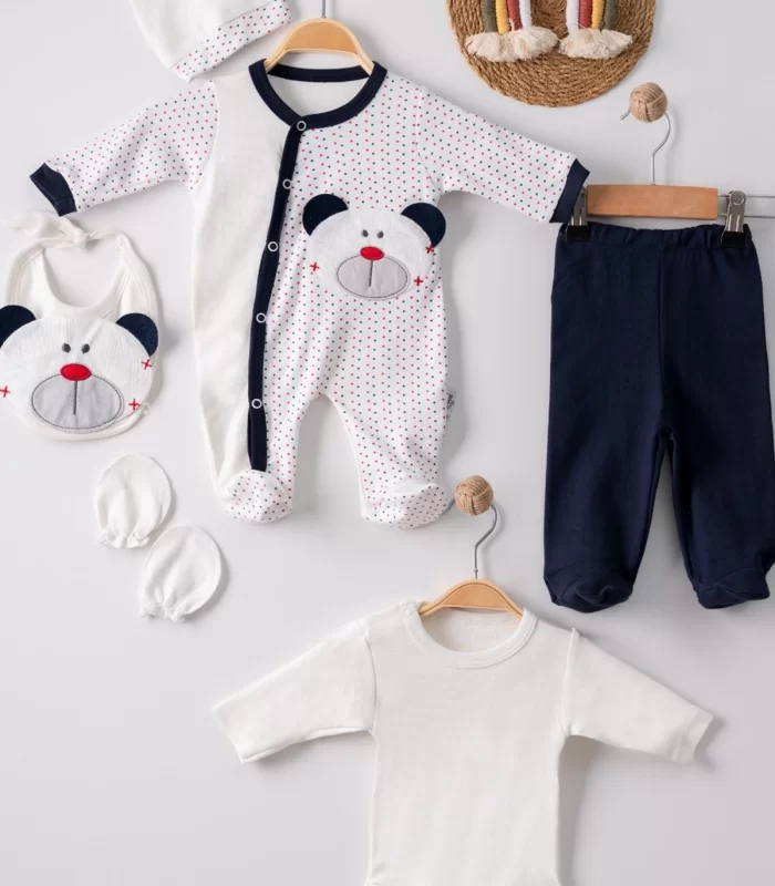 3 Ay Puanlı Ayıcık Nakışlı Tulumlu Erkek Bebek 5li Set Lacivert
