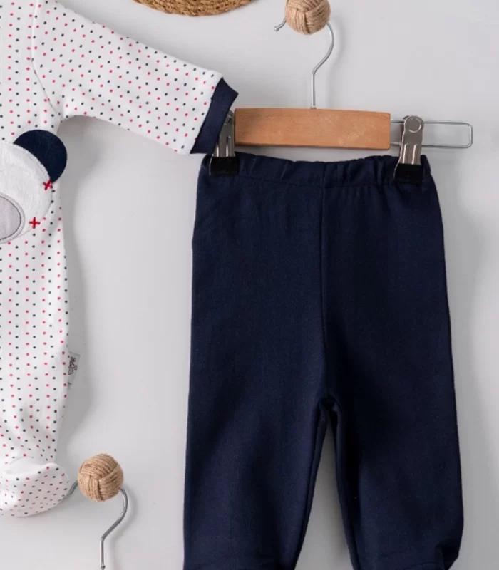 3 Ay Puanlı Ayıcık Nakışlı Tulumlu Erkek Bebek 5li Set Lacivert