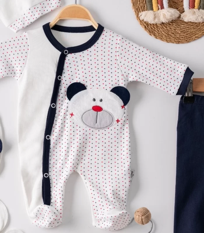 3 Ay Puanlı Ayıcık Nakışlı Tulumlu Erkek Bebek 5li Set Lacivert