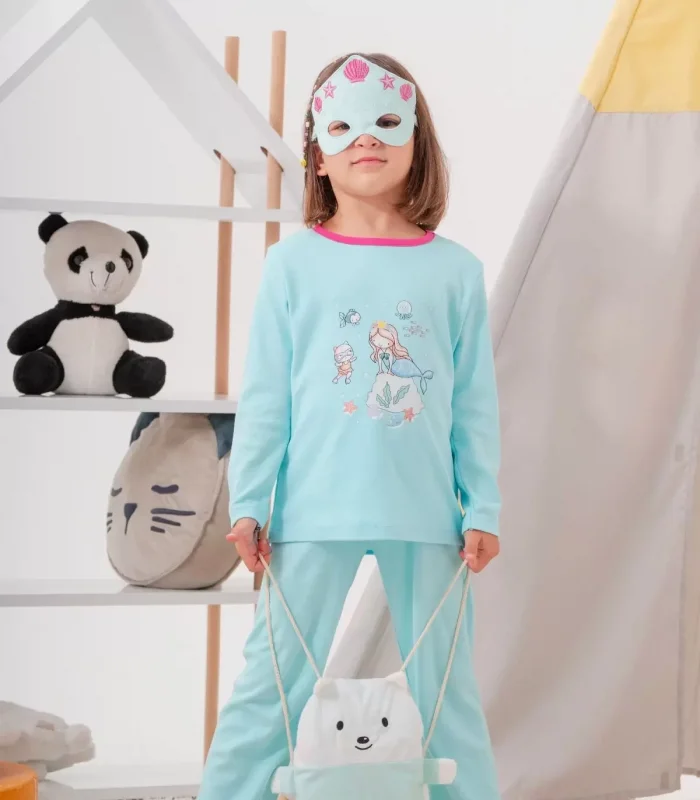 4-7 Yaş Deniz Kızı Çanta Ve Maskeli Kız Çocuk Pijama Takımı Yeşil