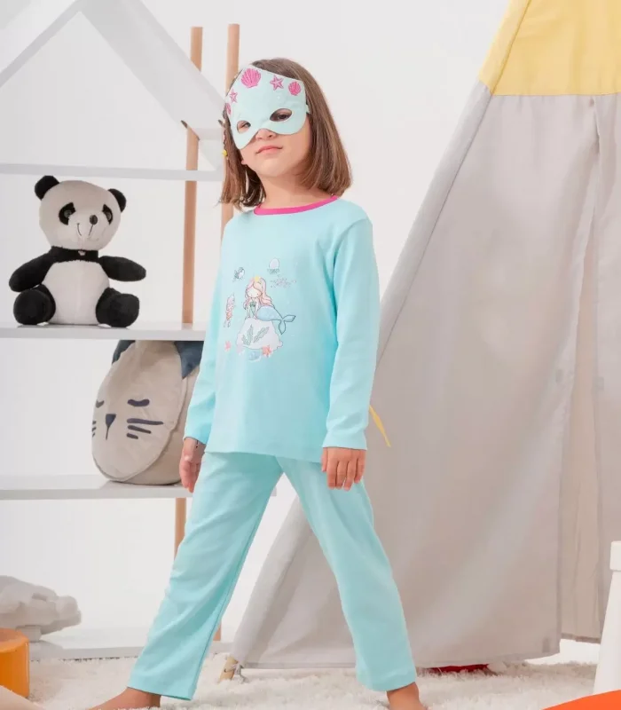 4-7 Yaş Deniz Kızı Çanta Ve Maskeli Kız Çocuk Pijama Takımı Yeşil