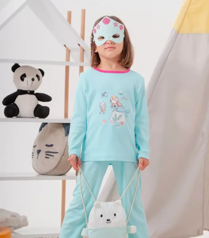 4-7 Yaş Deniz Kızı Çanta Ve Maskeli Kız Çocuk Pijama Takımı Yeşil