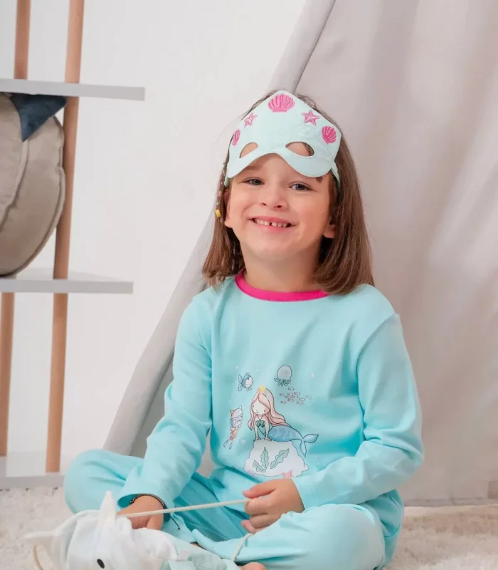 4-7 Yaş Deniz Kızı Çanta Ve Maskeli Kız Çocuk Pijama Takımı Yeşil