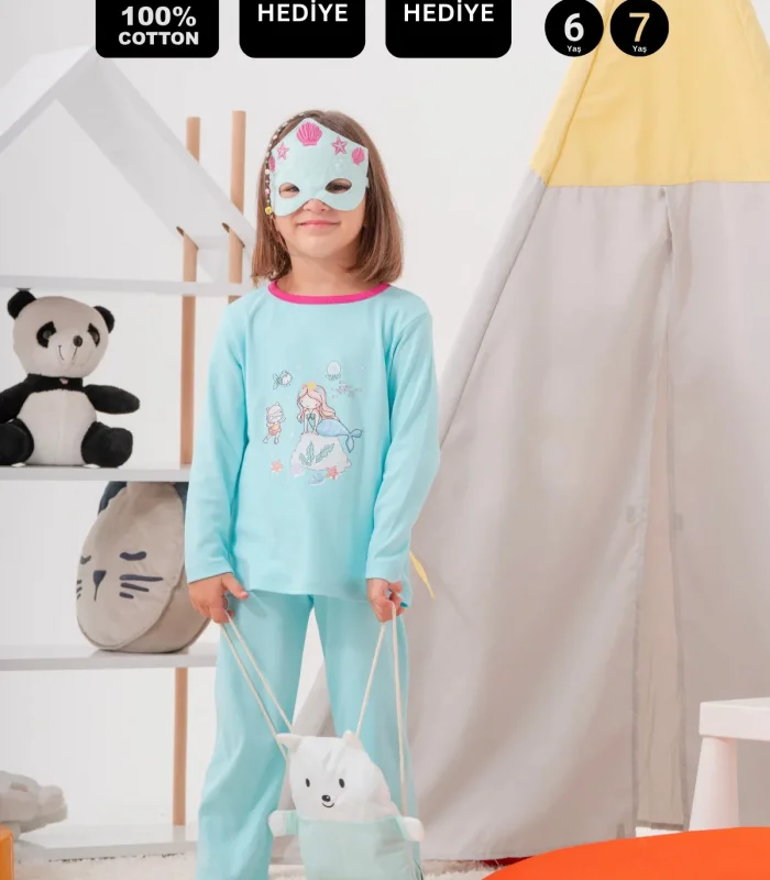 4-7 Yaş Deniz Kızı Çanta Ve Maskeli Kız Çocuk Pijama Takımı Yeşil