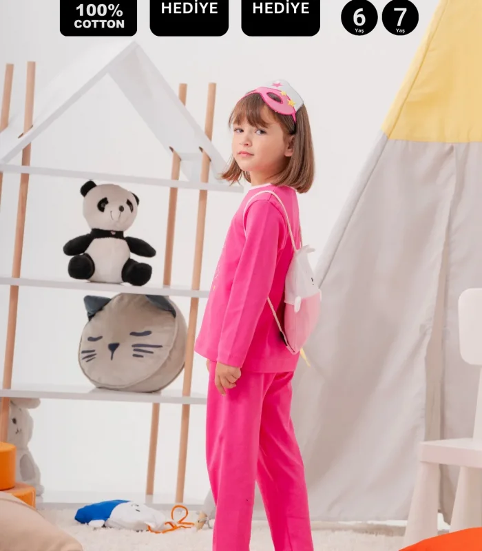 4-7 Yaş Heroıne Çanta Ve Maskeli Kız Çocuk Pijama Takımı Gül Kurusu