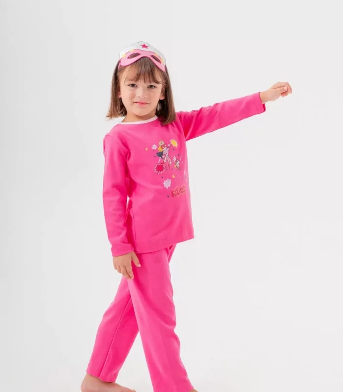 4-7 Yaş Heroıne Çanta Ve Maskeli Kız Çocuk Pijama Takımı Gül Kurusu