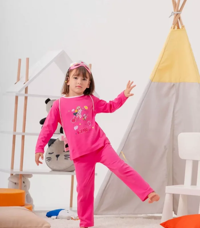 4-7 Yaş Heroıne Çanta Ve Maskeli Kız Çocuk Pijama Takımı Gül Kurusu