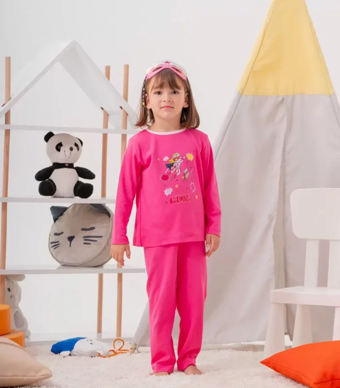 4-7 Yaş Heroıne Çanta Ve Maskeli Kız Çocuk Pijama Takımı Gül Kurusu