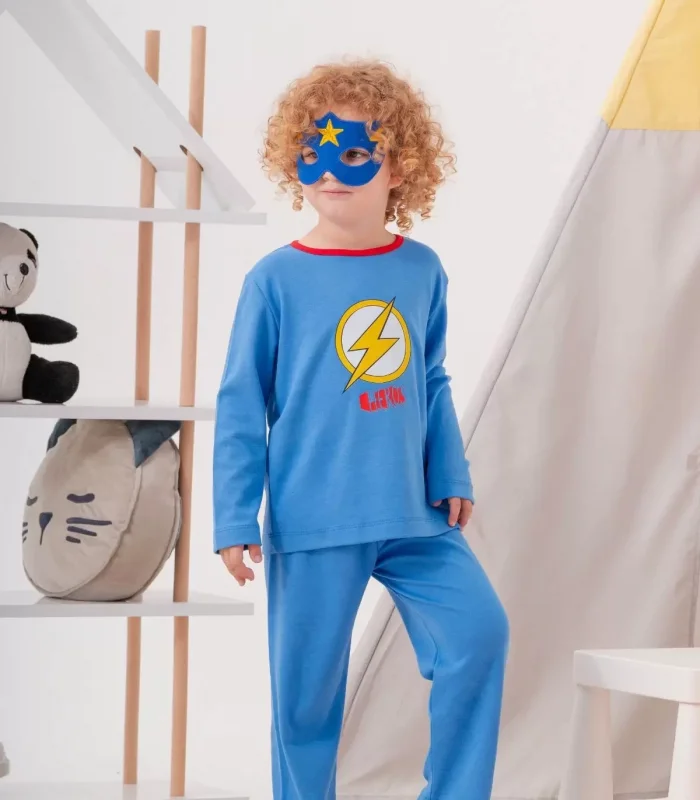 4-7 Yaş Heros Çanta Ve Maskeli Erkek Çocuk Pijama Takımı Koyu Mavi