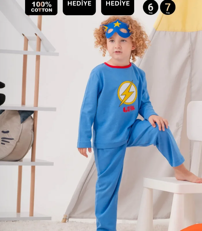 4-7 Yaş Heros Çanta Ve Maskeli Erkek Çocuk Pijama Takımı Koyu Mavi