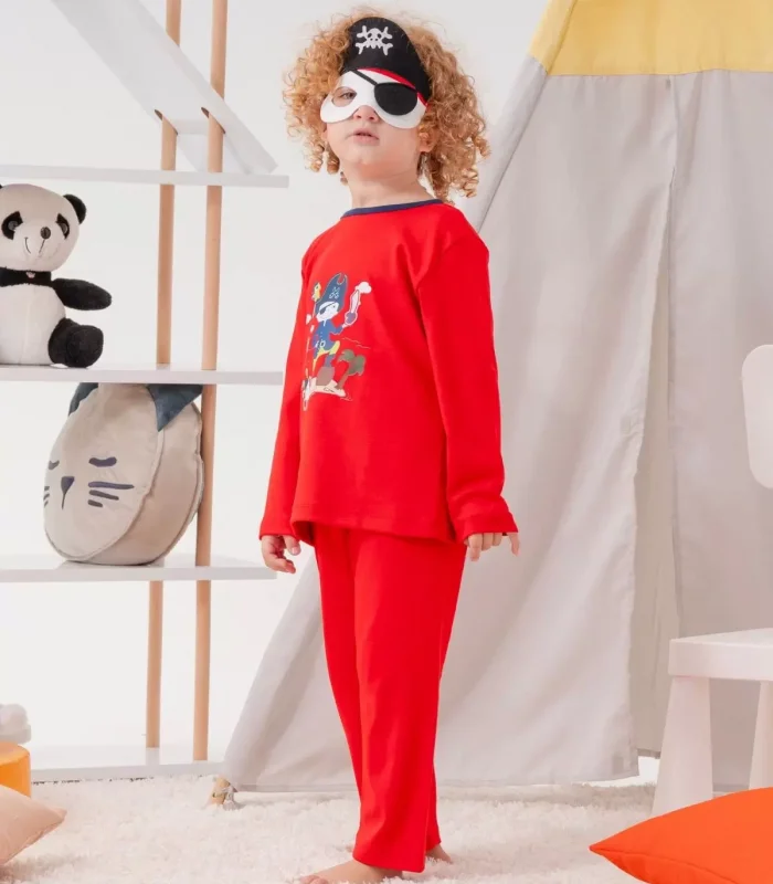 4-7 Yaş Korsan Çanta Ve Maskeli Erkek Çocuk Pijama Takımı Kırmızı