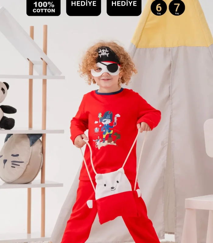 4-7 Yaş Korsan Çanta Ve Maskeli Erkek Çocuk Pijama Takımı Kırmızı