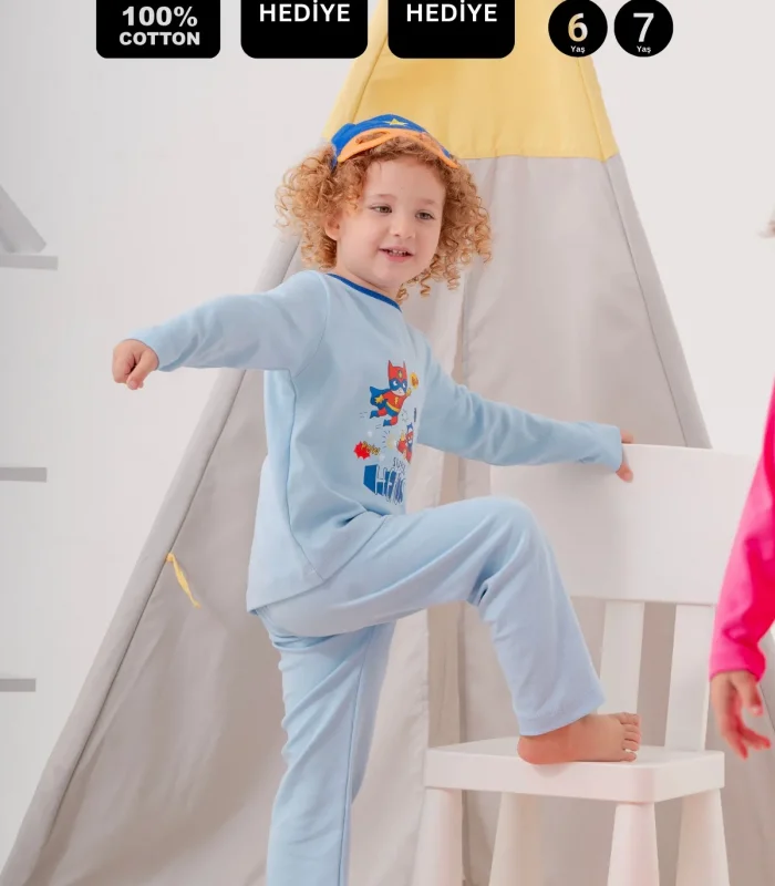4-7 Yaş Süper Heros Çanta Ve Maskeli Erkek Çocuk Pijama Takımı Mavi