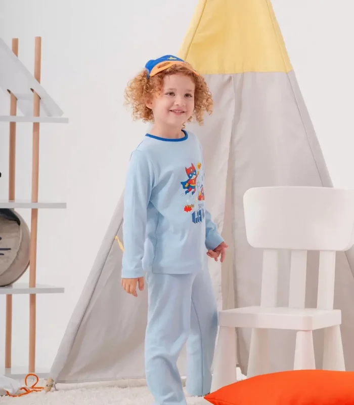 4-7 Yaş Süper Heros Çanta Ve Maskeli Erkek Çocuk Pijama Takımı Mavi