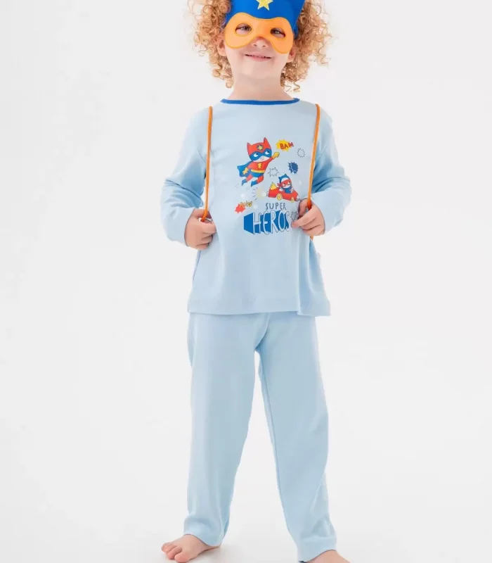 4-7 Yaş Süper Heros Çanta Ve Maskeli Erkek Çocuk Pijama Takımı Mavi